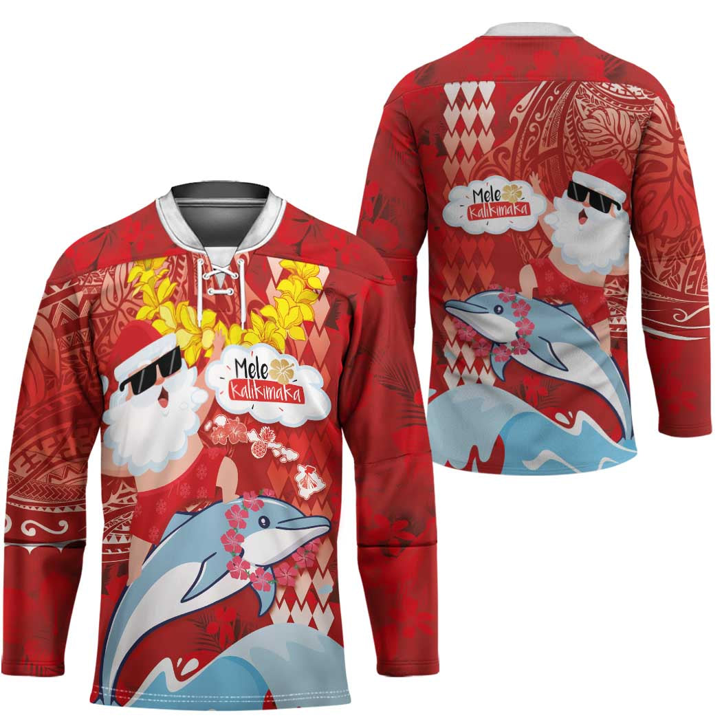 Hawaiian Mele Kalikimaka Hockey Jersey Funny Santa Riding Lei Dolphin with Kakau Tattoos LT03 - Polynesian Pride