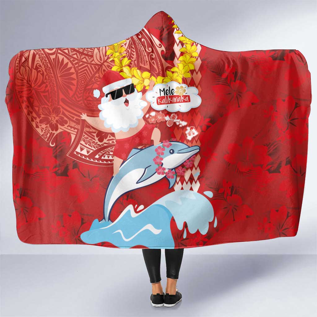 Hawaiian Mele Kalikimaka Hooded Blanket Funny Santa Riding Lei Dolphin with Kakau Tattoos LT03 One Size Red - Polynesian Pride