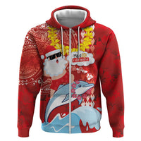 Hawaiian Mele Kalikimaka Hoodie Funny Santa Riding Lei Dolphin with Kakau Tattoos LT03 Zip Hoodie Red - Polynesian Pride