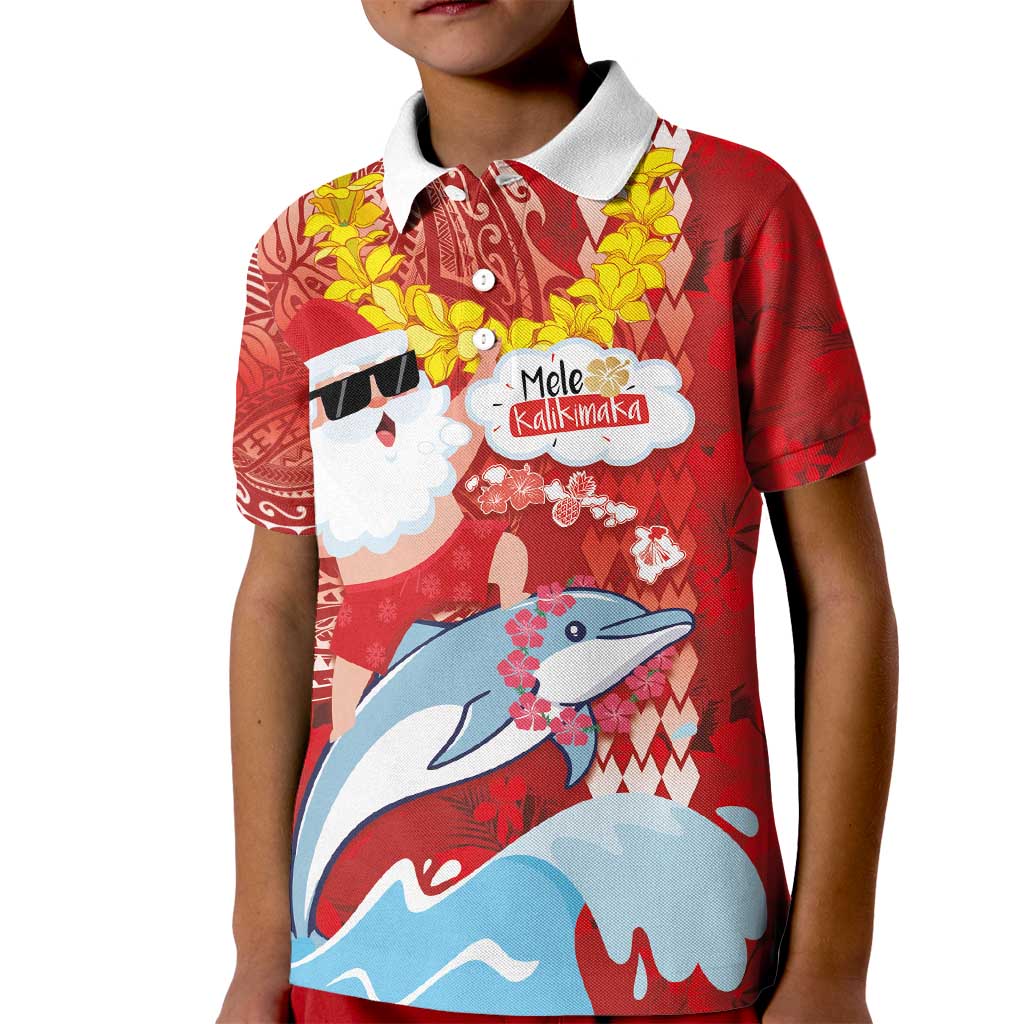 Hawaiian Mele Kalikimaka Kid Polo Shirt Funny Santa Riding Lei Dolphin with Kakau Tattoos LT03 Kid Red - Polynesian Pride