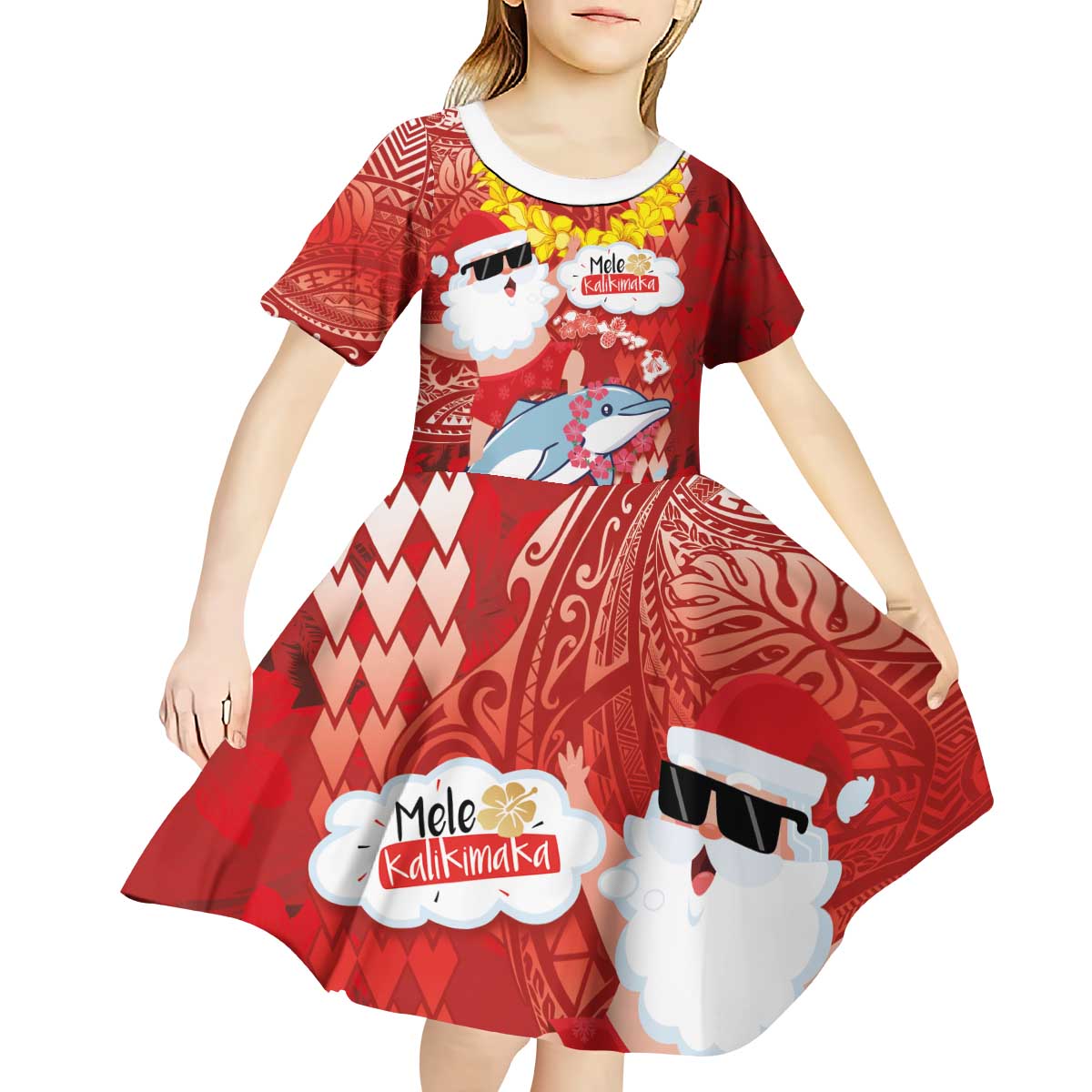 Hawaiian Mele Kalikimaka Kid Short Sleeve Dress Funny Santa Riding Lei Dolphin with Kakau Tattoos LT03 - Polynesian Pride