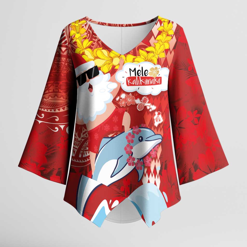Hawaiian Mele Kalikimaka Kimono Sleeve Blouse Funny Santa Riding Lei Dolphin with Kakau Tattoos LT03 Female Red - Polynesian Pride
