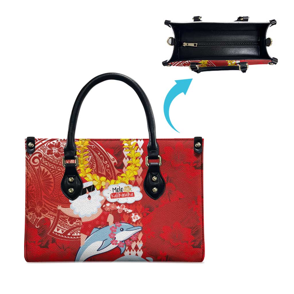 Hawaiian Mele Kalikimaka Leather Bag Funny Santa Riding Lei Dolphin with Kakau Tattoos - Polynesian Pride