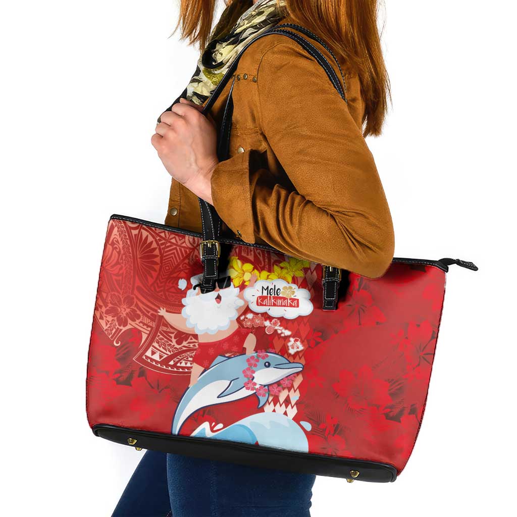 Hawaiian Mele Kalikimaka Leather Tote Bag Funny Santa Riding Lei Dolphin with Kakau Tattoos LT03 Red - Polynesian Pride
