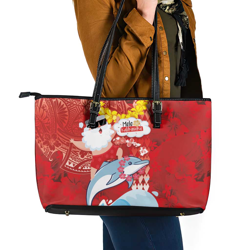 Hawaiian Mele Kalikimaka Leather Tote Bag Funny Santa Riding Lei Dolphin with Kakau Tattoos LT03 - Polynesian Pride