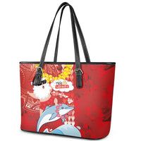 Hawaiian Mele Kalikimaka Leather Tote Bag Funny Santa Riding Lei Dolphin with Kakau Tattoos LT03 - Polynesian Pride