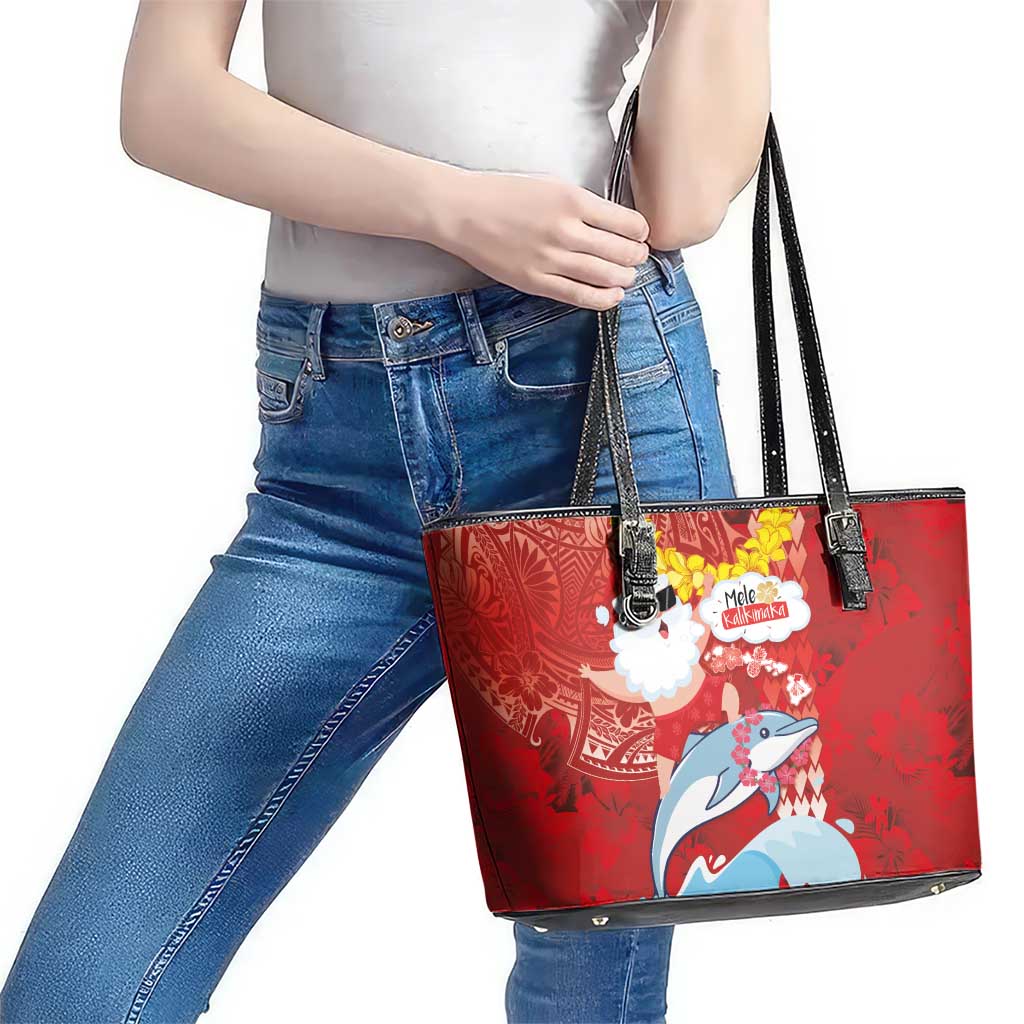 Hawaiian Mele Kalikimaka Leather Tote Bag Funny Santa Riding Lei Dolphin with Kakau Tattoos LT03 - Polynesian Pride