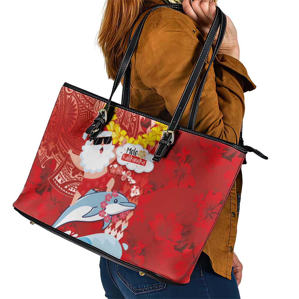 Hawaiian Mele Kalikimaka Leather Tote Bag Funny Santa Riding Lei Dolphin with Kakau Tattoos LT03 - Polynesian Pride