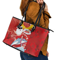 Hawaiian Mele Kalikimaka Leather Tote Bag Funny Santa Riding Lei Dolphin with Kakau Tattoos LT03 - Polynesian Pride