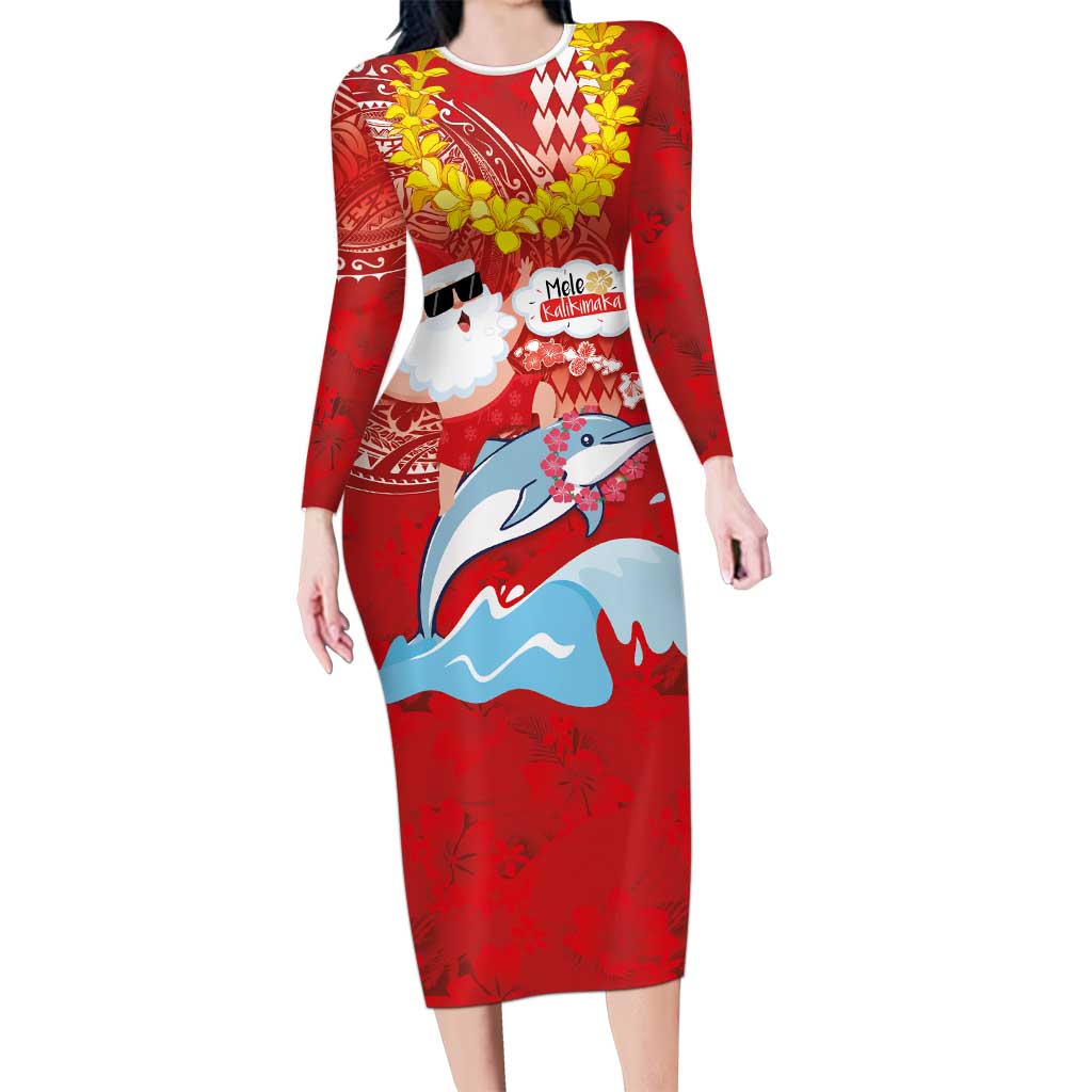 Hawaiian Mele Kalikimaka Long Sleeve Bodycon Dress Funny Santa Riding Lei Dolphin with Kakau Tattoos LT03 Long Dress Red - Polynesian Pride