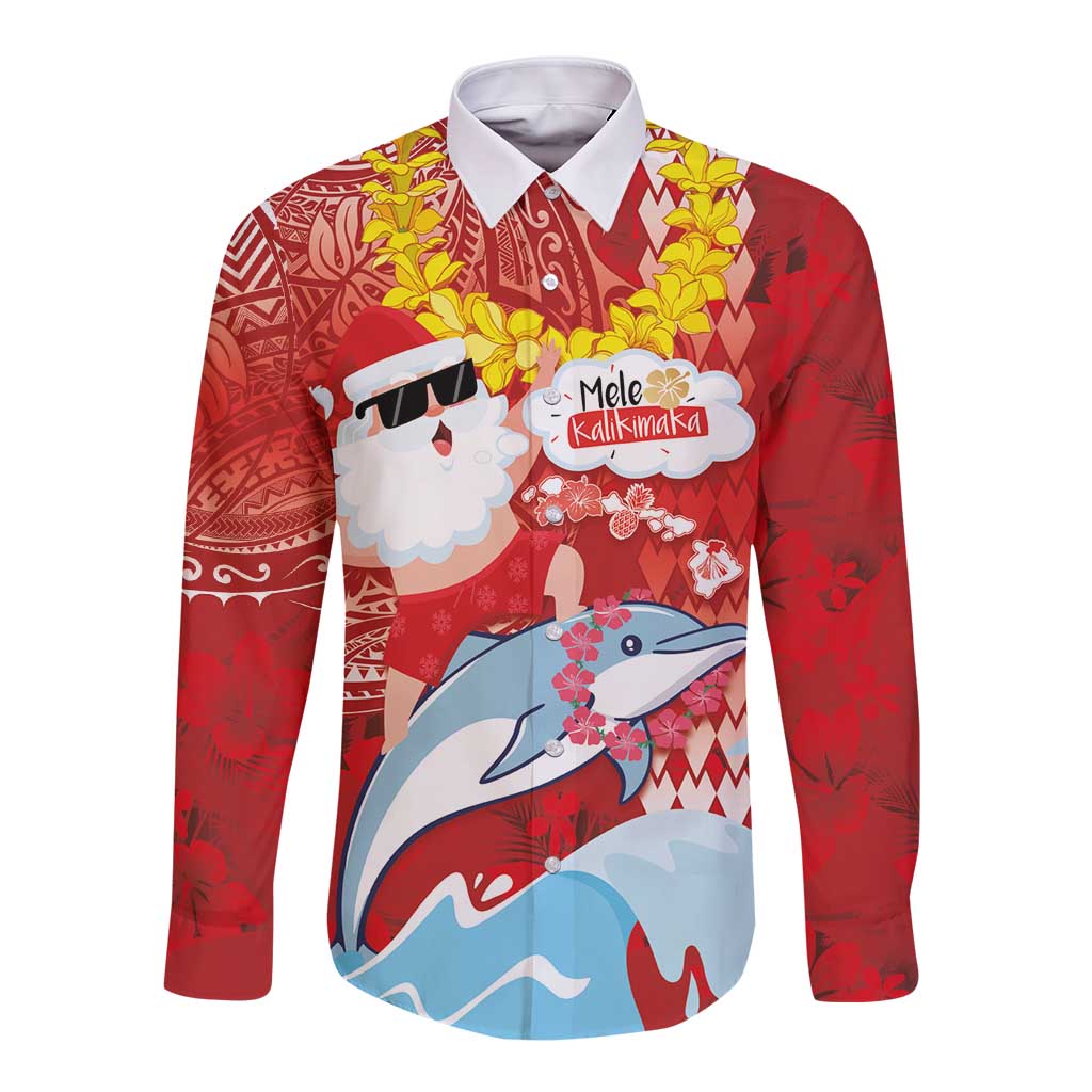 Hawaiian Mele Kalikimaka Long Sleeve Button Shirt Funny Santa Riding Lei Dolphin with Kakau Tattoos LT03 Unisex Red - Polynesian Pride