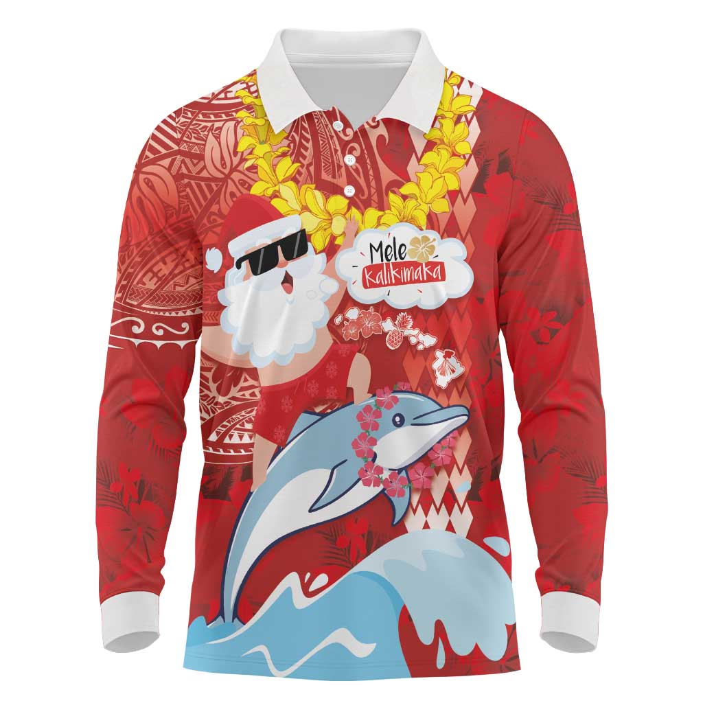 Hawaiian Mele Kalikimaka Long Sleeve Polo Shirt Funny Santa Riding Lei Dolphin with Kakau Tattoos LT03 Red - Polynesian Pride