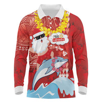 Hawaiian Mele Kalikimaka Long Sleeve Polo Shirt Funny Santa Riding Lei Dolphin with Kakau Tattoos LT03 Red - Polynesian Pride