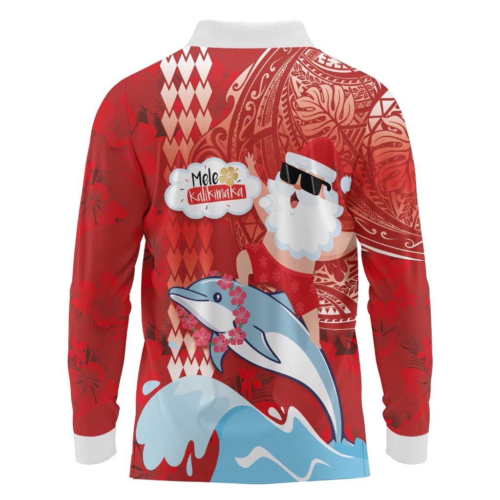 Hawaiian Mele Kalikimaka Long Sleeve Polo Shirt Funny Santa Riding Lei Dolphin with Kakau Tattoos LT03 - Polynesian Pride