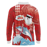 Hawaiian Mele Kalikimaka Long Sleeve Polo Shirt Funny Santa Riding Lei Dolphin with Kakau Tattoos LT03 - Polynesian Pride