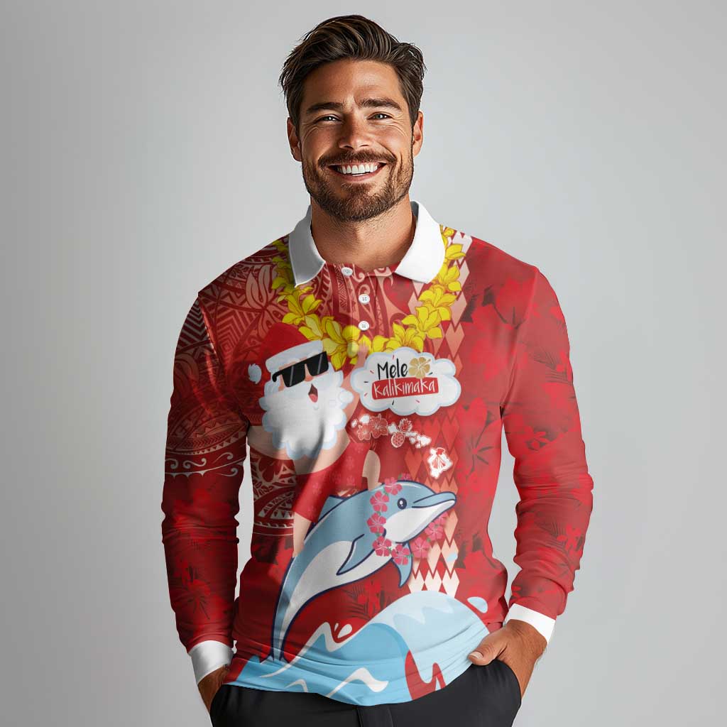 Hawaiian Mele Kalikimaka Long Sleeve Polo Shirt Funny Santa Riding Lei Dolphin with Kakau Tattoos LT03 - Polynesian Pride