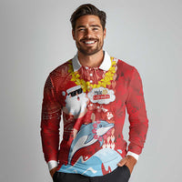 Hawaiian Mele Kalikimaka Long Sleeve Polo Shirt Funny Santa Riding Lei Dolphin with Kakau Tattoos LT03 - Polynesian Pride