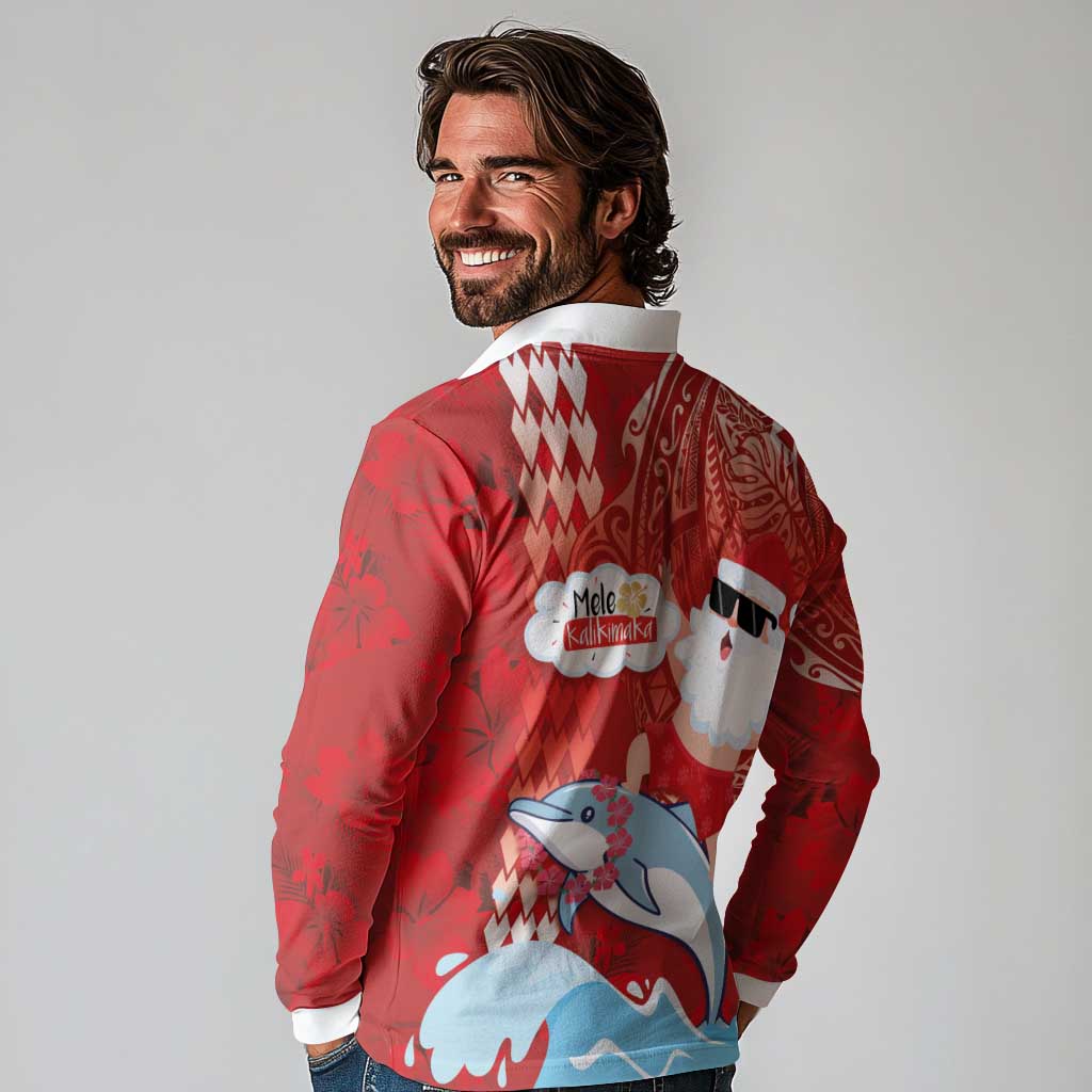 Hawaiian Mele Kalikimaka Long Sleeve Polo Shirt Funny Santa Riding Lei Dolphin with Kakau Tattoos LT03 - Polynesian Pride