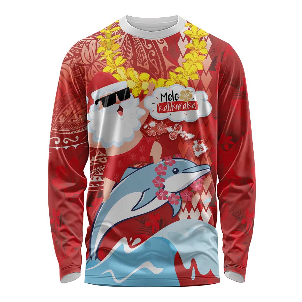 Hawaiian Mele Kalikimaka Long Sleeve Shirt Funny Santa Riding Lei Dolphin with Kakau Tattoos LT03 Unisex Red - Polynesian Pride