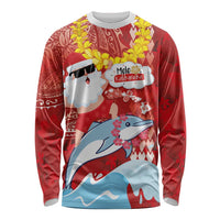 Hawaiian Mele Kalikimaka Long Sleeve Shirt Funny Santa Riding Lei Dolphin with Kakau Tattoos LT03 Unisex Red - Polynesian Pride
