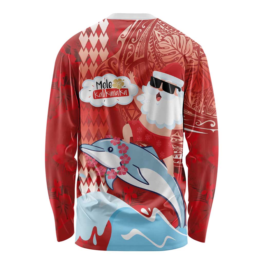 Hawaiian Mele Kalikimaka Long Sleeve Shirt Funny Santa Riding Lei Dolphin with Kakau Tattoos LT03 - Polynesian Pride