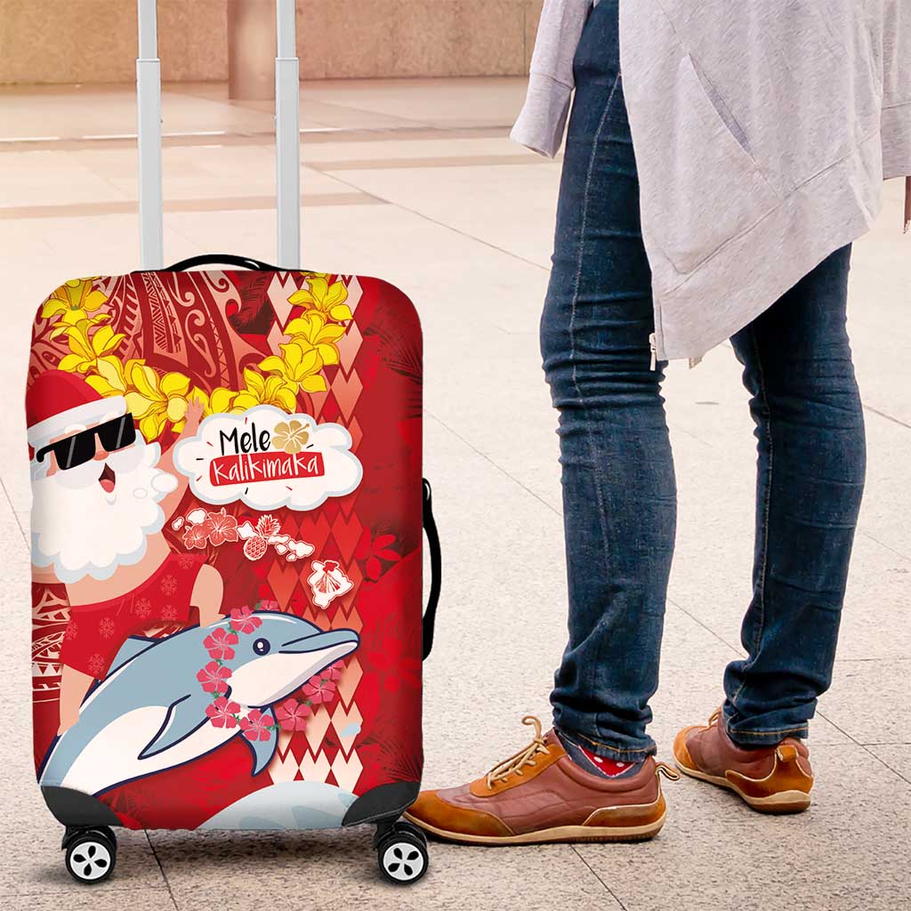 Hawaiian Mele Kalikimaka Luggage Cover Funny Santa Riding Lei Dolphin with Kakau Tattoos LT03 Red - Polynesian Pride