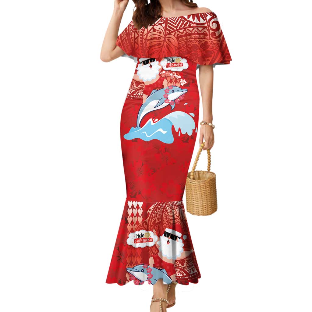 Hawaiian Mele Kalikimaka Mermaid Dress Funny Santa Riding Lei Dolphin with Kakau Tattoos LT03 Women Red - Polynesian Pride