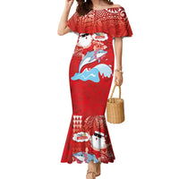 Hawaiian Mele Kalikimaka Mermaid Dress Funny Santa Riding Lei Dolphin with Kakau Tattoos LT03 Women Red - Polynesian Pride