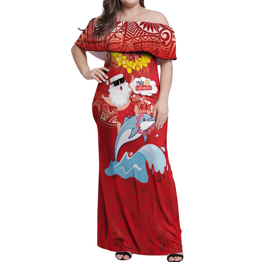Hawaiian Mele Kalikimaka Off Shoulder Maxi Dress Funny Santa Riding Lei Dolphin with Kakau Tattoos LT03 Women Red - Polynesian Pride