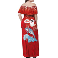 Hawaiian Mele Kalikimaka Off Shoulder Maxi Dress Funny Santa Riding Lei Dolphin with Kakau Tattoos LT03 - Polynesian Pride