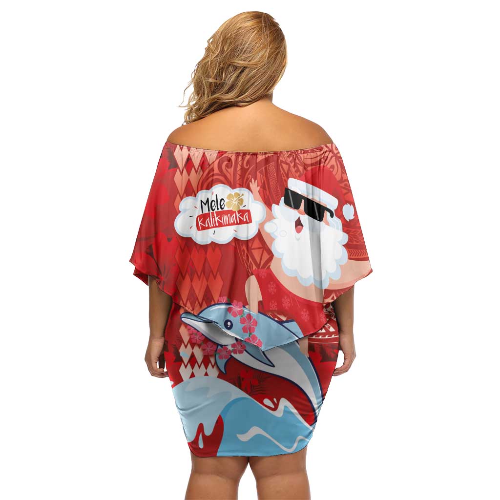 Hawaiian Mele Kalikimaka Off Shoulder Short Dress Funny Santa Riding Lei Dolphin with Kakau Tattoos LT03 - Polynesian Pride