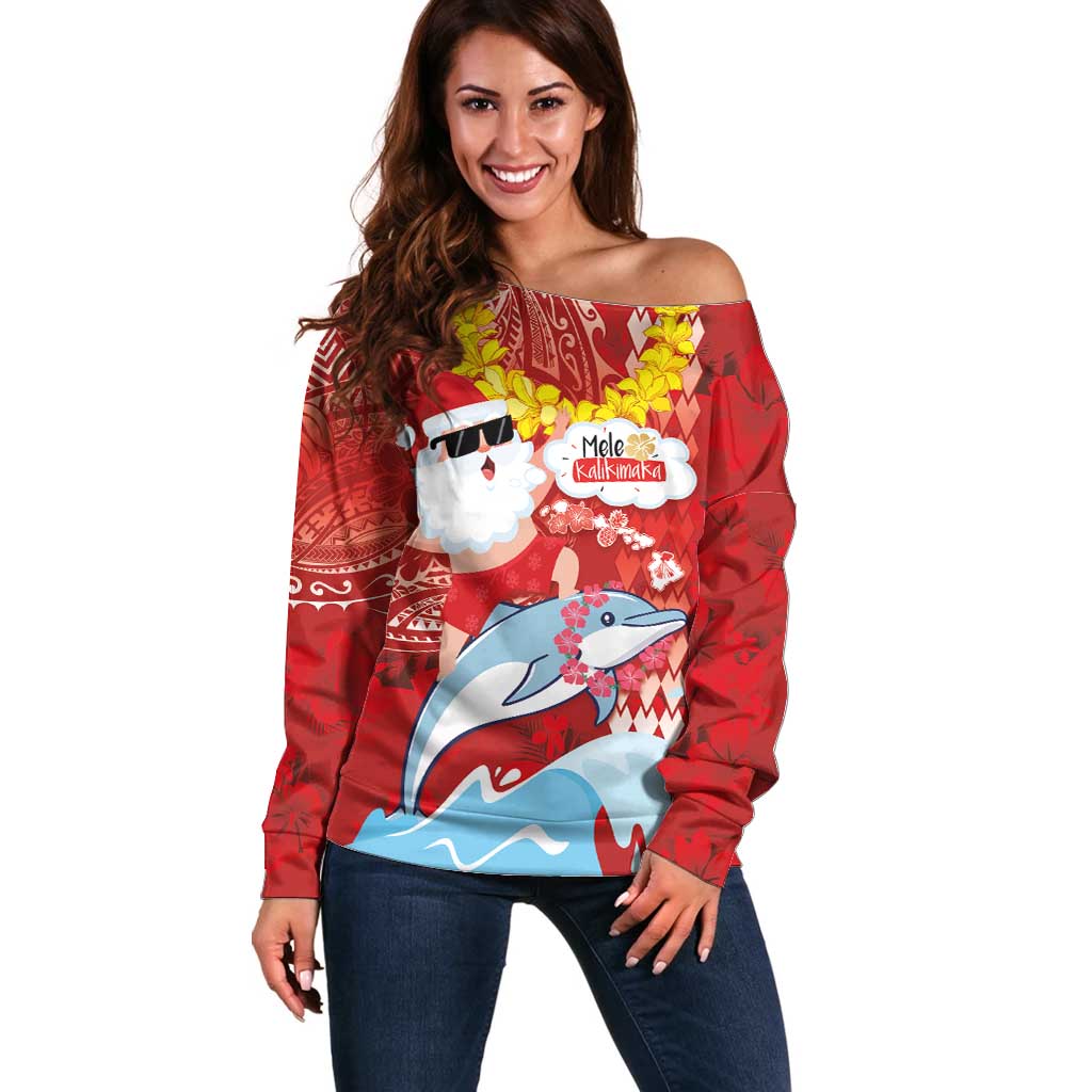 Hawaiian Mele Kalikimaka Off Shoulder Sweater Funny Santa Riding Lei Dolphin with Kakau Tattoos LT03 Women Red - Polynesian Pride