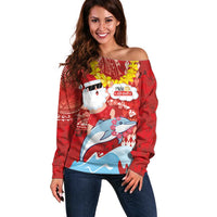 Hawaiian Mele Kalikimaka Off Shoulder Sweater Funny Santa Riding Lei Dolphin with Kakau Tattoos LT03 Women Red - Polynesian Pride