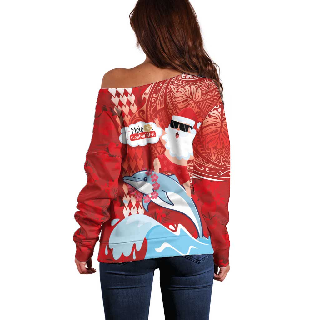 Hawaiian Mele Kalikimaka Off Shoulder Sweater Funny Santa Riding Lei Dolphin with Kakau Tattoos LT03 - Polynesian Pride