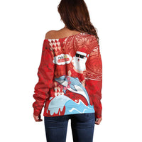 Hawaiian Mele Kalikimaka Off Shoulder Sweater Funny Santa Riding Lei Dolphin with Kakau Tattoos LT03 - Polynesian Pride