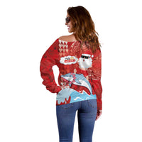 Hawaiian Mele Kalikimaka Off Shoulder Sweater Funny Santa Riding Lei Dolphin with Kakau Tattoos LT03 - Polynesian Pride