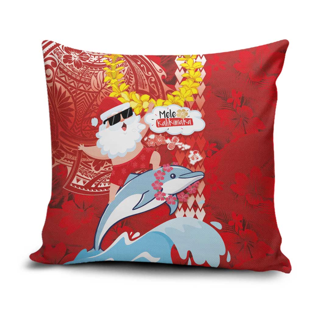 Hawaiian Mele Kalikimaka Pillow Cover Funny Santa Riding Lei Dolphin with Kakau Tattoos LT03 Red - Polynesian Pride