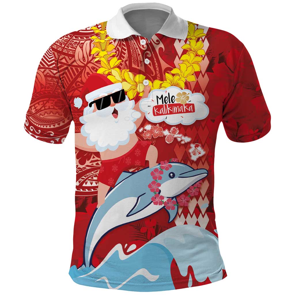 Hawaiian Mele Kalikimaka Polo Shirt Funny Santa Riding Lei Dolphin with Kakau Tattoos LT03 Red - Polynesian Pride