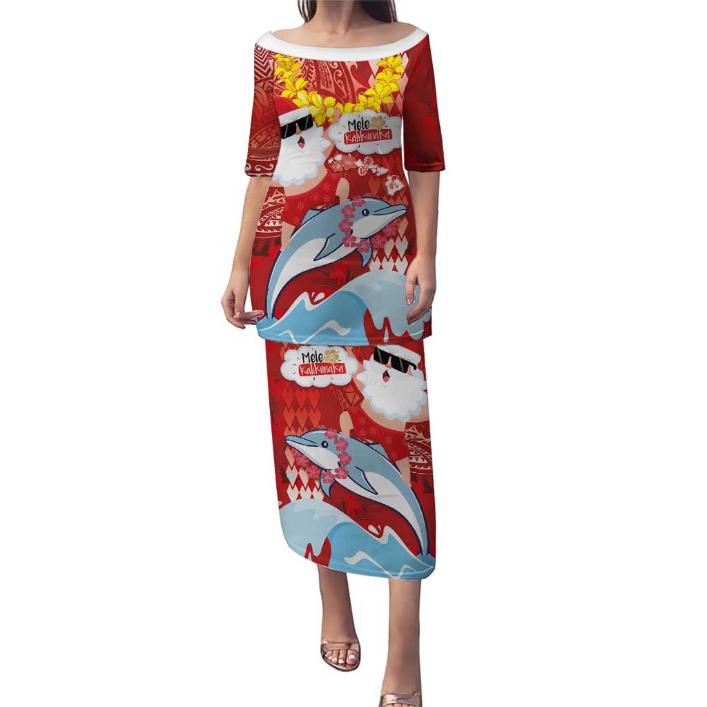 Hawaiian Mele Kalikimaka Puletasi Funny Santa Riding Lei Dolphin with Kakau Tattoos LT03 Long Dress Red - Polynesian Pride