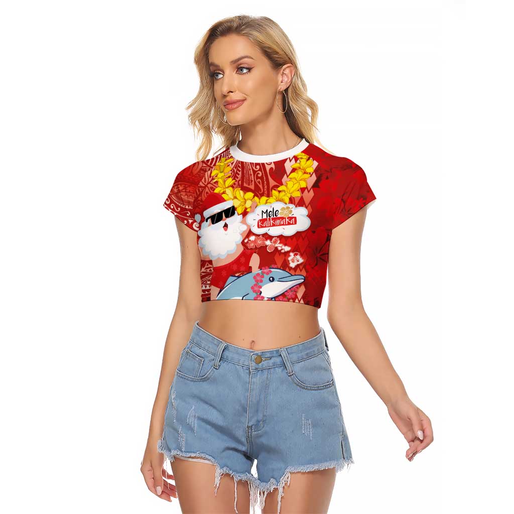 Hawaiian Mele Kalikimaka Raglan Cropped T Shirt Funny Santa Riding Lei Dolphin with Kakau Tattoos LT03 Female Red - Polynesian Pride