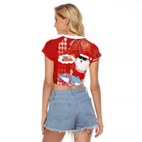 Hawaiian Mele Kalikimaka Raglan Cropped T Shirt Funny Santa Riding Lei Dolphin with Kakau Tattoos LT03 - Polynesian Pride