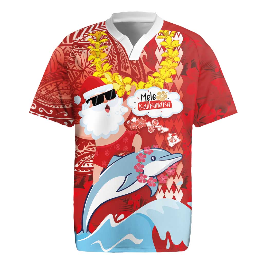 Hawaiian Mele Kalikimaka Rugby Jersey Funny Santa Riding Lei Dolphin with Kakau Tattoos LT03 Red - Polynesian Pride