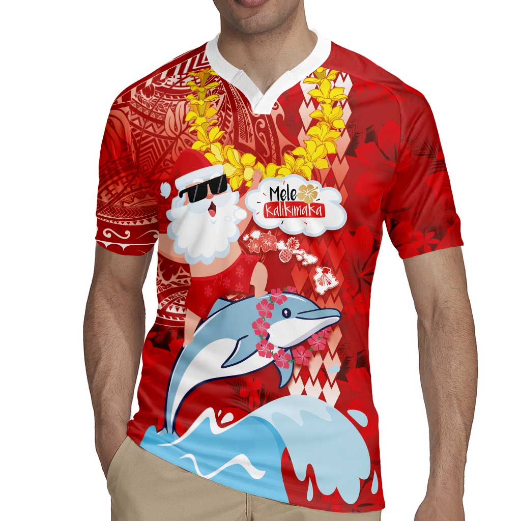 Hawaiian Mele Kalikimaka Rugby Jersey Funny Santa Riding Lei Dolphin with Kakau Tattoos LT03 - Polynesian Pride