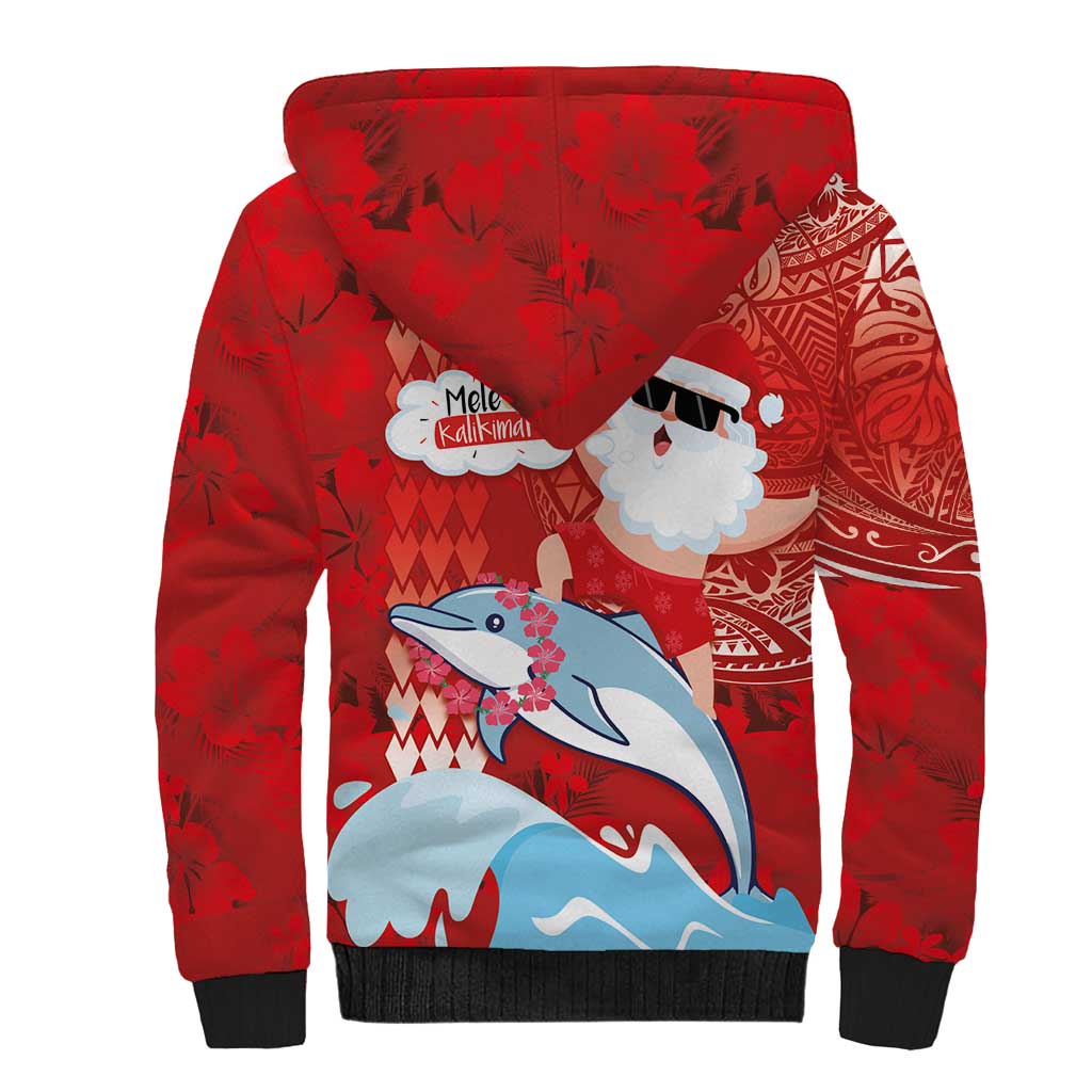 Hawaiian Mele Kalikimaka Sherpa Hoodie Funny Santa Riding Lei Dolphin with Kakau Tattoos LT03 - Polynesian Pride