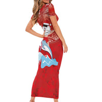 Hawaiian Mele Kalikimaka Short Sleeve Bodycon Dress Funny Santa Riding Lei Dolphin with Kakau Tattoos LT03 - Polynesian Pride