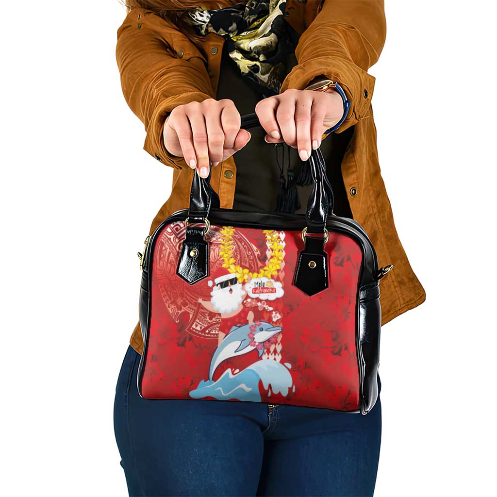Hawaiian Mele Kalikimaka Shoulder Handbag Funny Santa Riding Lei Dolphin with Kakau Tattoos - Polynesian Pride