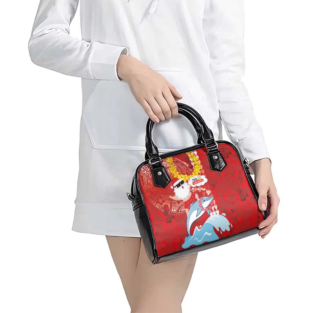 Hawaiian Mele Kalikimaka Shoulder Handbag Funny Santa Riding Lei Dolphin with Kakau Tattoos - Polynesian Pride