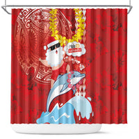 Hawaiian Mele Kalikimaka Shower Curtain Funny Santa Riding Lei Dolphin with Kakau Tattoos LT03 Red - Polynesian Pride