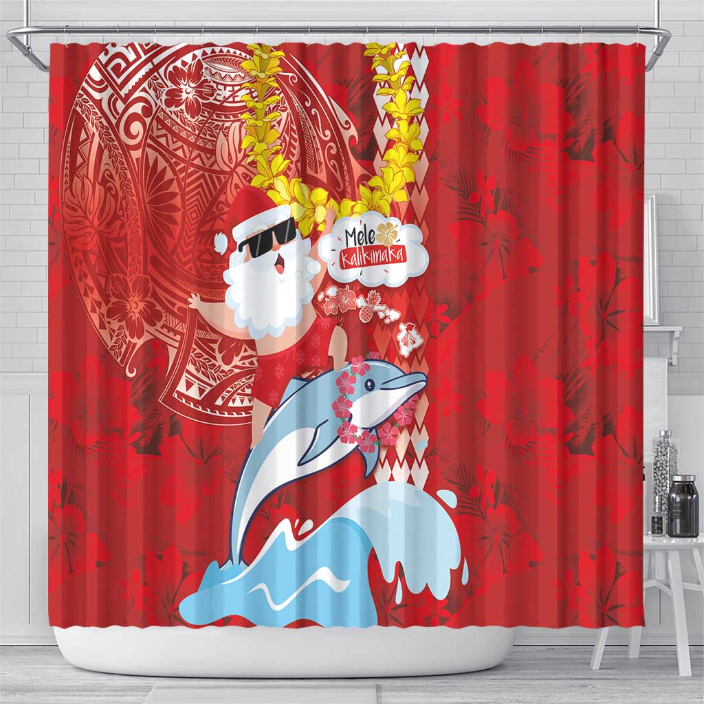 Hawaiian Mele Kalikimaka Shower Curtain Funny Santa Riding Lei Dolphin with Kakau Tattoos LT03 - Polynesian Pride