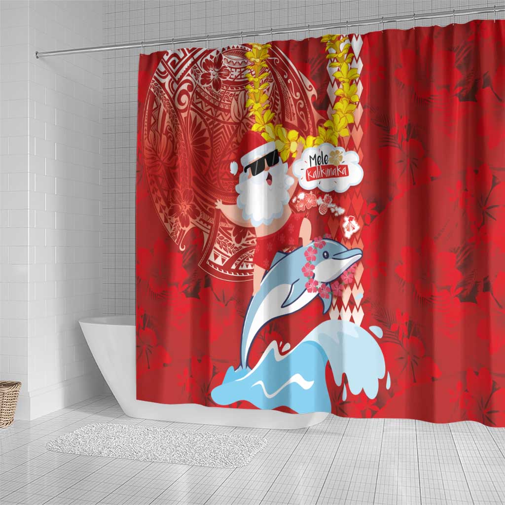 Hawaiian Mele Kalikimaka Shower Curtain Funny Santa Riding Lei Dolphin with Kakau Tattoos LT03 - Polynesian Pride
